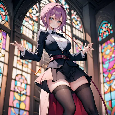 Satori toho character, (solo), (standing), (stained glass), BREAK, short hair, (huge perky breasts), bursting breasts, (inconcei...