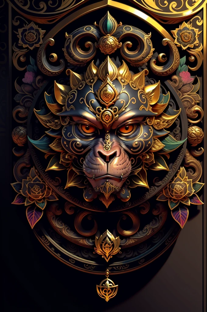 monky, extremely detailed and intrincate design, coat of arms. Colorful line art, fractal like, tattoo like design on the monky. Golden and many colours. Some gold wodden lotus around. Black background.