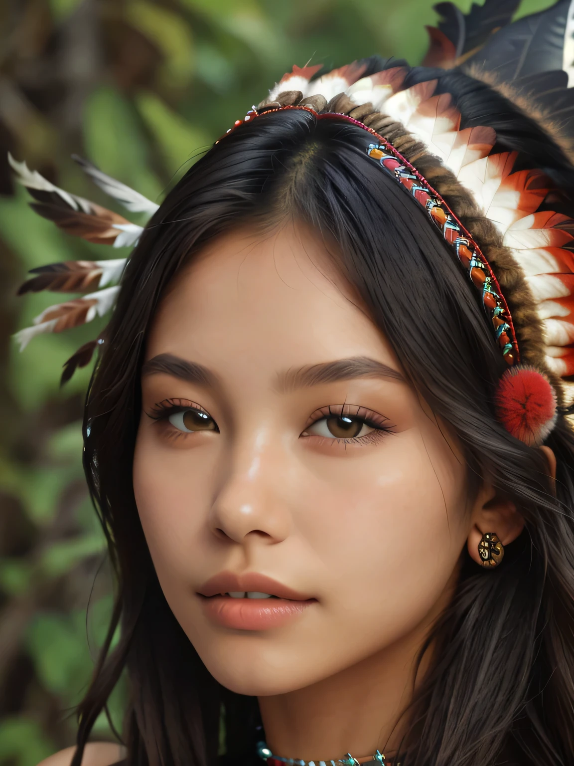 mix Native American and Asian origin girl in a red dress with feathers and jewelry, wearing a native American choker, portrait of a young pocahontas, gorgeous young model, beautiful model, unique stunning face, striking facial bone, defined facial bones perfect face, slim face, perfect eyes, slim lips, slim nose, hazel eyes, detailed eyes, striking eye, penetrating eyes, detailed skin pores, slight smile, small cup size, hard erect nipples, hard nipples pressing against top, slim toned body, thin arms, native American, native rich jewelry, lovely bohemian princess, Indian girl with brown skin, beautiful young female shaman, tribal jewelry, madison beer girl, portrait of sophie mudd, portrait of pocahontas, very realistic, standing in a forest, raining face close up, closeup