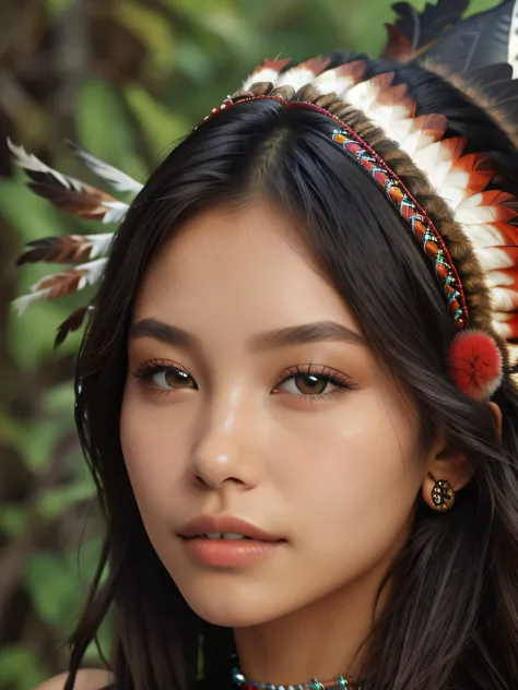 mix native american and asian origin girl in a red dress with feathers and jewelry, wearing a native american choker, portrait o...