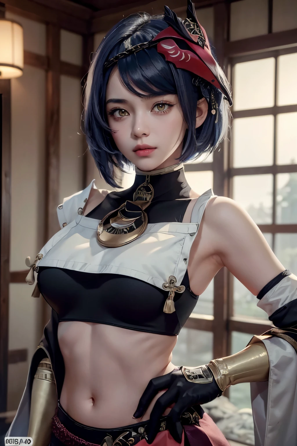 1girl, ((midriff, navel)), looking at viewer, japanese dojo, (cinematic lighting, best quality, masterpiece, hand on hips, high skin details, best quality, highres, HD, 4K, 8k, super detail), (kujou sara:1.3), mask on head, blue hair, short hair, yellow eyes, tassel, gloves