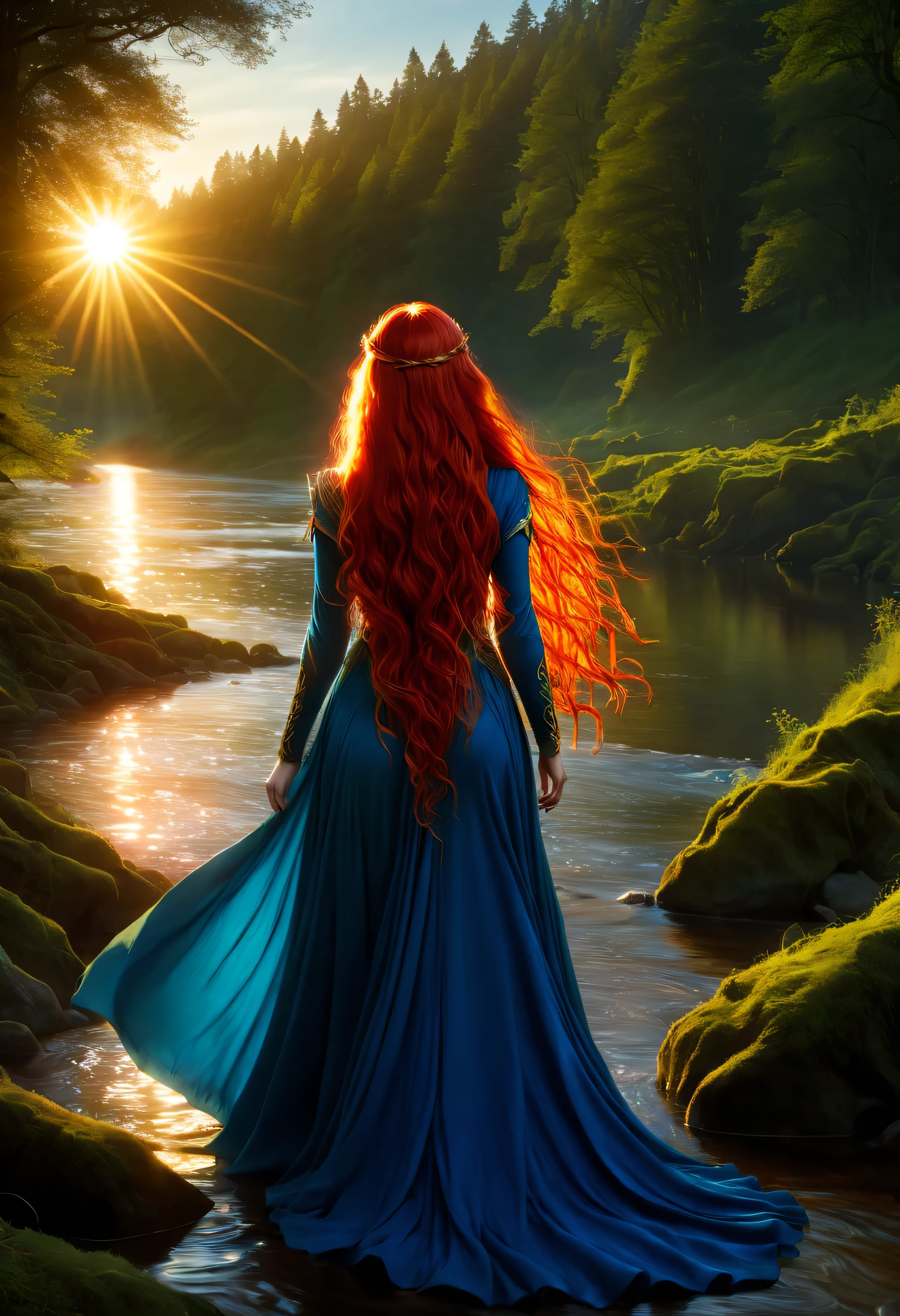 Mujer Elfa de Tolkien , CABELLO ROJO ENORME Y LARGO, vestido azul, para descanso, Río, atardecer, Iluminar desde el fondo, Obra de arte