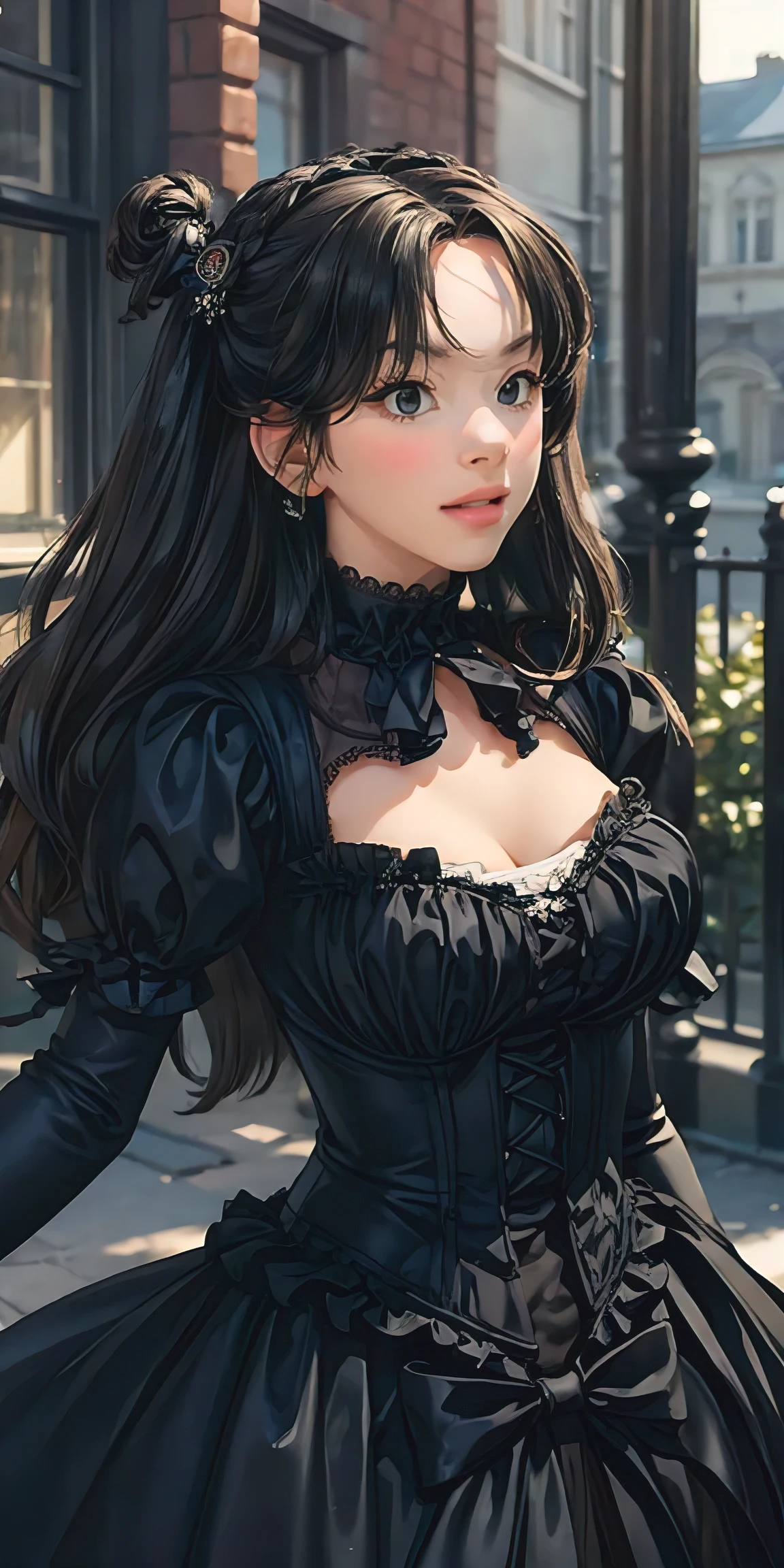 (masterpiece, best quality, ultra-detailed, photorealistic), perfect body, hair ornaments, (victorian gothic dress), city streets, sexy, alluring
