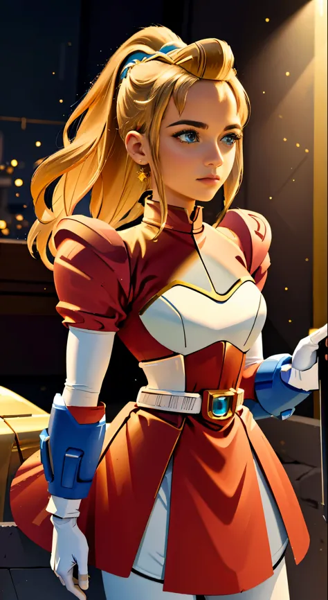 (best quality,highres,masterpiece:1.2),(realistic:1.37),ultra-detailed,Adora wearing (Megaman X) Iris's outfit,(She-Ra's white a...