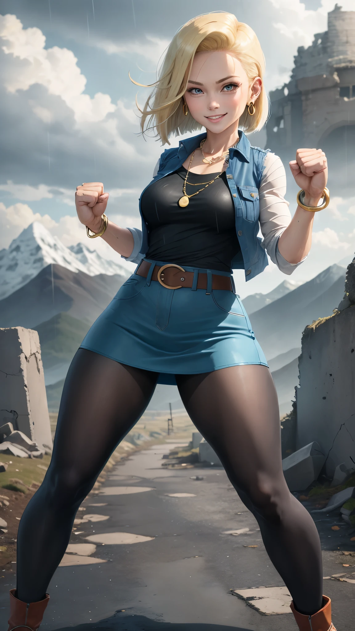 best quality, highres, and18, 1girl, android 18, solo, blonde hair, blue eyes, belt, tight blue demin skirt, gold_necklace, bracelet, closed fists, black shirt, short hair, long white striped sleeves, earrings, open vest, denim vest, medium breasts, cowboy shot, mountains, straight-on, (weather: raining and windy), wet clothes, sexy smile, combat stance, full length pantyhose, battle ruins, wide hips, thick legs,