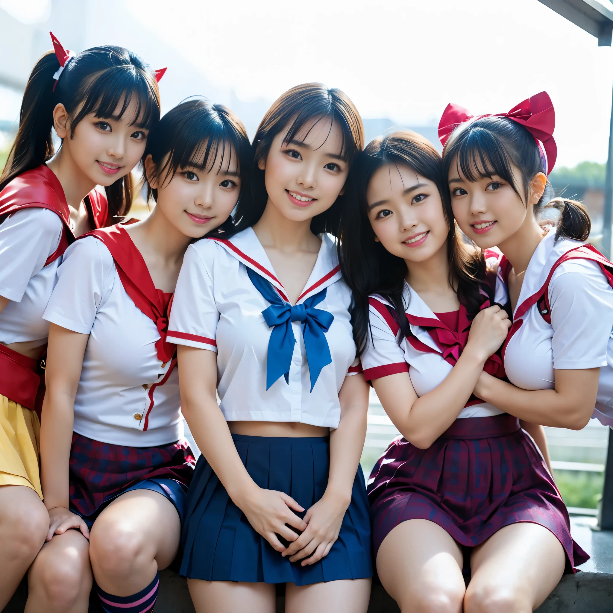 （8k、Raw photography、highest quality、masterpiece：1.2),(black hair、very short hair:1.7),(curly twintails:1.3)、show viewer,Looking at the front,(Super Sentai、Red Ranger、Blue Ranger、yellow ranger、Bishoujo Warrior、3 people、She is wearing a colorful PreCure series costume..:1.8)、(Clothing that emphasizes the shape of your chest:1.4)、(big breasts :1.4)、slim body shape、ultra high resolution,beautiful,beautiful fece,(no background:1.9),whole bodyボディー,、(black eye、3 people Japanese women: 1.3),（Photoreal：1.37）、photon mapping,reality、(everyone is so cute: 1.3)、(cute smile: 1.7)、(With a round face: 1.9)、radio city、Physically based rendering、depth of field rally background、photograph, (skirt is too short: 1.8)、(I can see your knees,close up of thighs、spread your legs、showing off white panties:1.4),whole body、Super fine