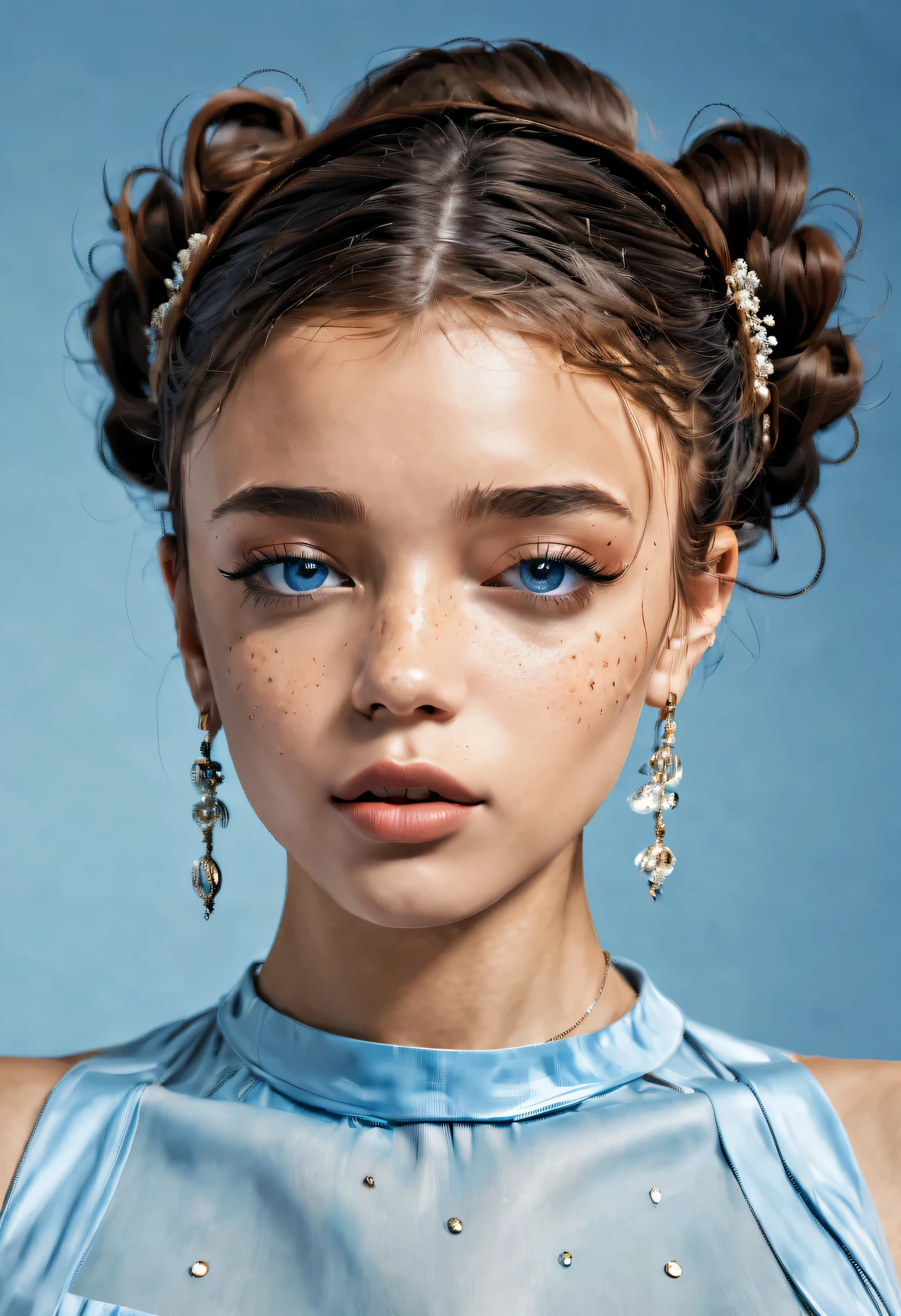 muy hermoso, chica bien arreglada, Con la piel limpia, Rasgos faciales normales, hermosos labios, y una leve sonrisa en su rostro. Hermosa figura, ropa moderna, vestido moderno y fresco de alta costura. fondo de presentación, neutro gris azulado, en el espacio virtual. Calidad superior, 16 mil.. Full HD, renderizado cinematográfico. Crear una obra de arte, Transmitiendo la belleza única de la bebé Michela... Famoso influencer digital. sentado en una silla, en una posición relajada. Concéntrate en su expresión facial única., cuando mira directamente a la cámara., tratando de capturar la intensidad de sus penetrantes ojos azules. Muestra su estilo característico con un peinado de inspiración española.., compuesto por dos horquillas cuidadosamente diseñadas.. agregar detalles, reflejando su personalidad encantadora y vanguardista.. Nosotros nos encargamos de eso, transmitir un aura de modernidad y originalidad, que caracteriza a Lil Miquela en el mundo digital.. Varias pecas y nevos., y tambien pelo corto, peinado en una cola de caballo.