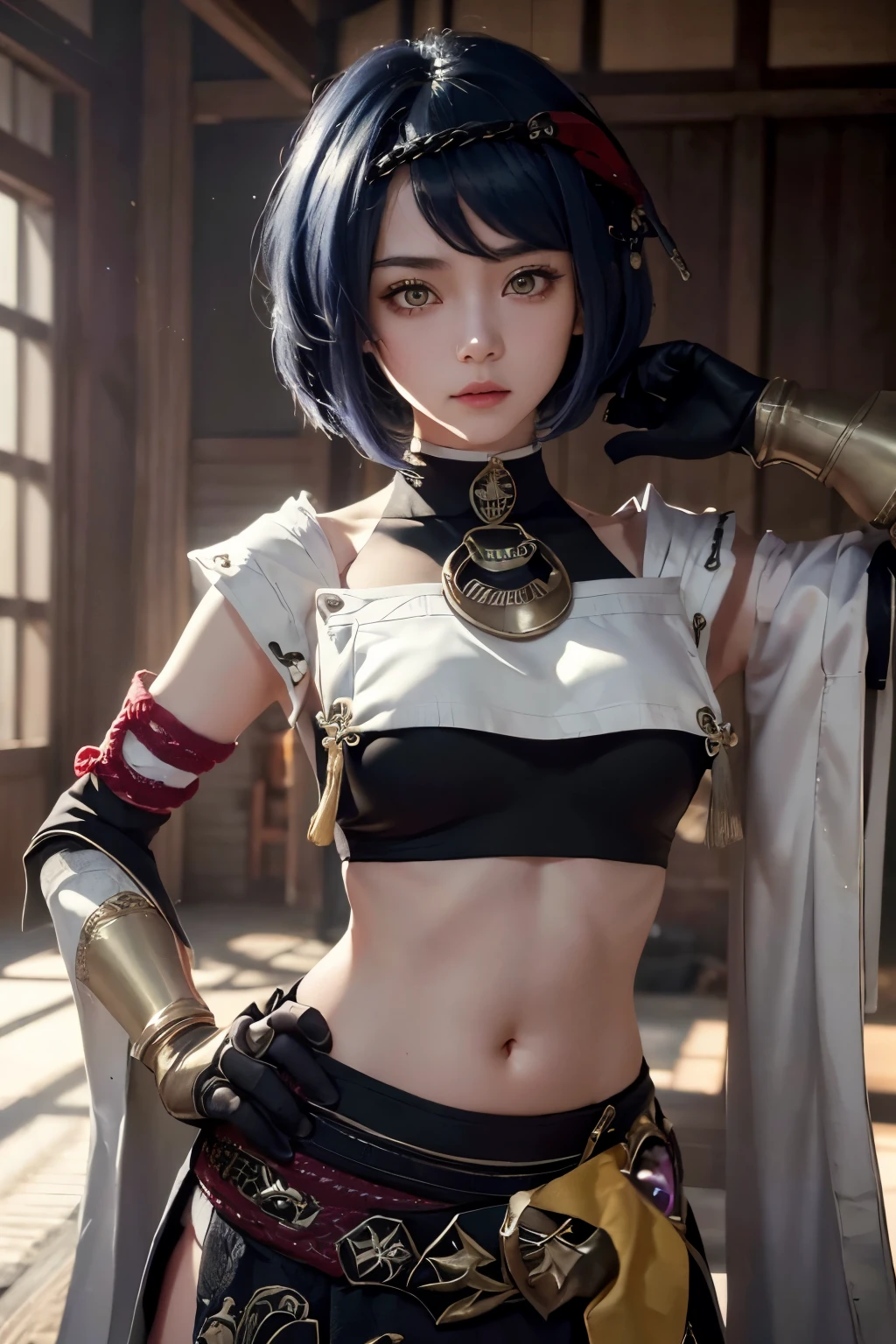 1girl, ((midriff, navel)), looking at viewer, japanese dojo, (cinematic lighting, best quality, masterpiece, hand on hips, high skin details, best quality, highres, HD, 4K, 8k, super detail), (kujou sara:1.3), mask on head, blue hair, short hair, yellow eyes, tassel, gloves