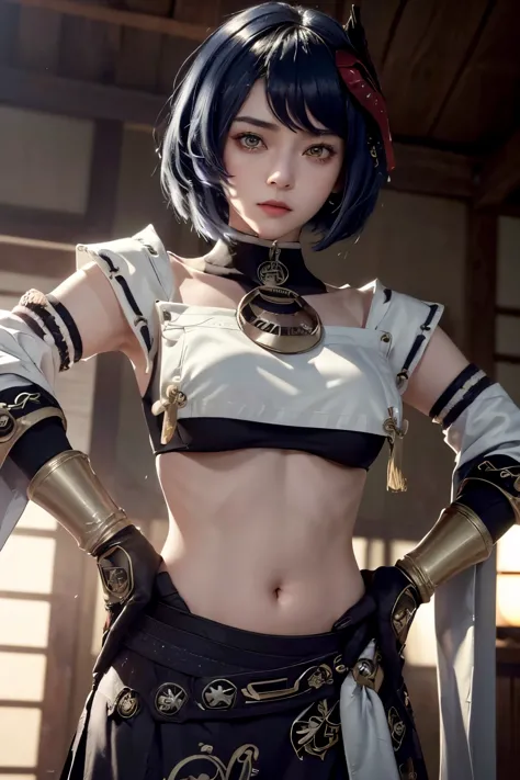 1girl, ((midriff, navel)), looking at viewer, japanese dojo, (cinematic lighting, best quality, masterpiece, hand on hips, high ...