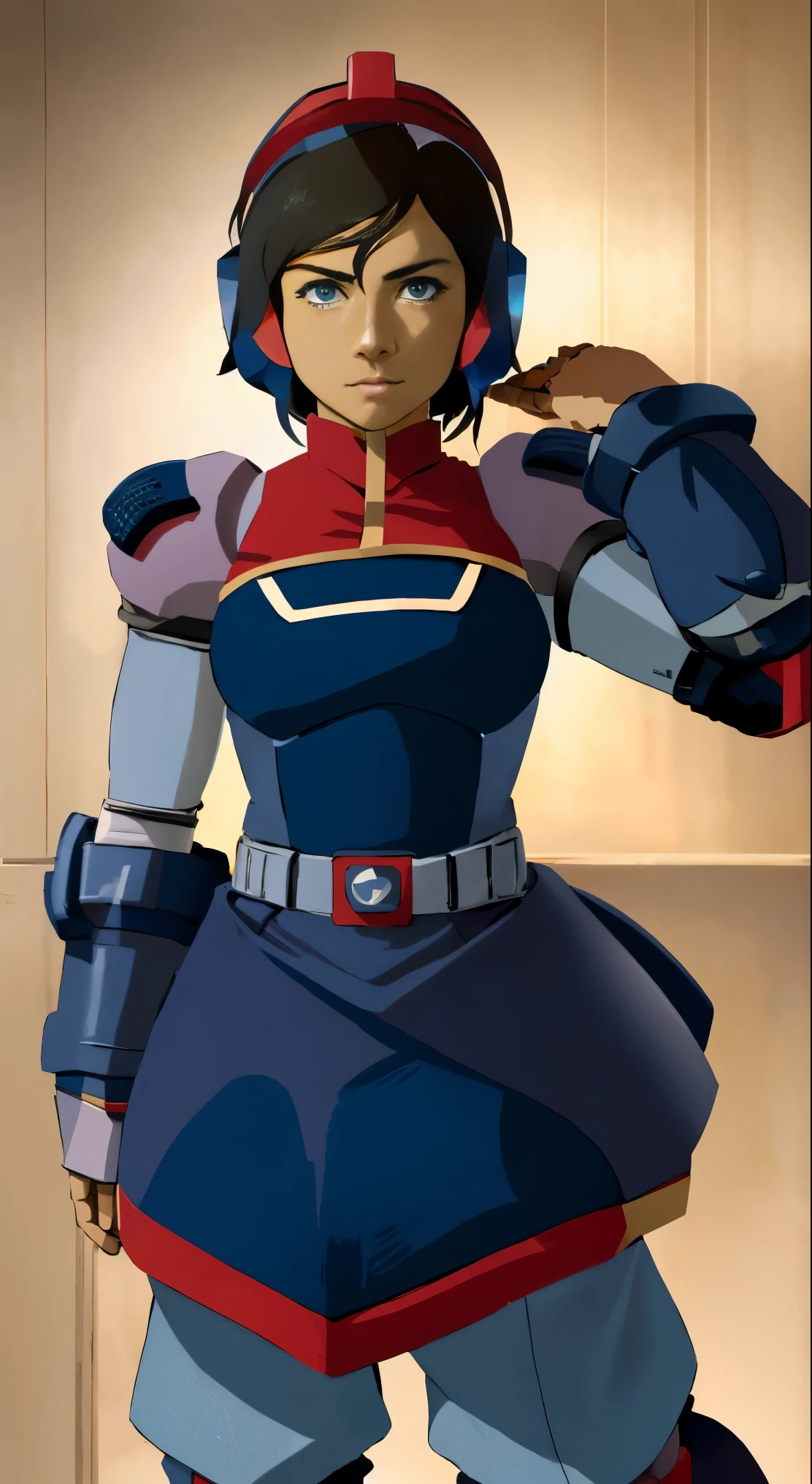 Masterpiece (best quality): Korra wearing a full suit of (Blue, White, and Black) Megaman armor,Proto-Man armor, heavy armor gauntlets, heavy armor belt, heavy armor boots, facing camera, dark-skinned, punk pose, robust armor, armored dress, wide blue and black belt, Heavily armored, cybernetic heavy armor, arm gloves, knee-height skirt, heavy cybernetic boots, heavy cybernetic arms, heavy cybernetic torso, waist belt, megamanX heavy armor, bulky megamanX armor, reploid armor, Armored cone dress, Extremely Heavy body armor, large wide dress, Waitor Dress, Heavy Torso Armor, wearing headset, hands on hips, punk pose, helmetless