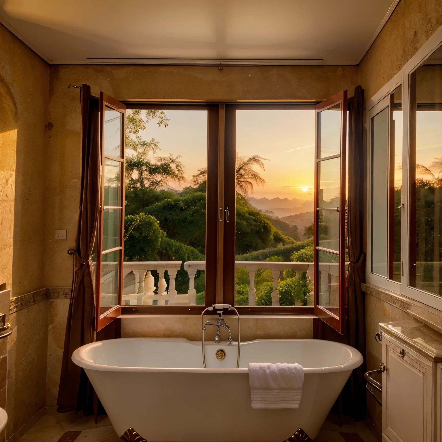 Araff tub in a bathroom with a view of the mountains - SeaArt AI