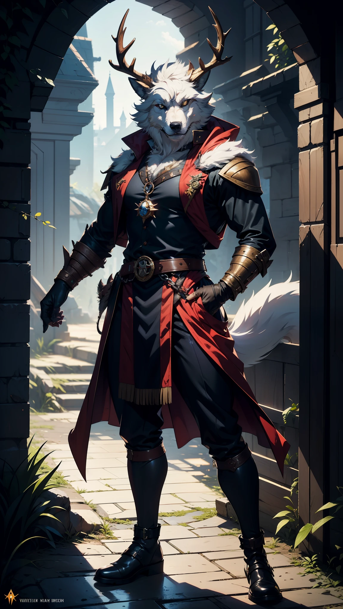 masterpiece, 1man, extremely detailed character, full body shot, best quality, dnd, dungeons and dragons, (wolf, anthro, horns, furry), (Warlock), deer horns, pointy ears, medieval era, fantasy clothes, anime style, (medieval dark wizard outfit)