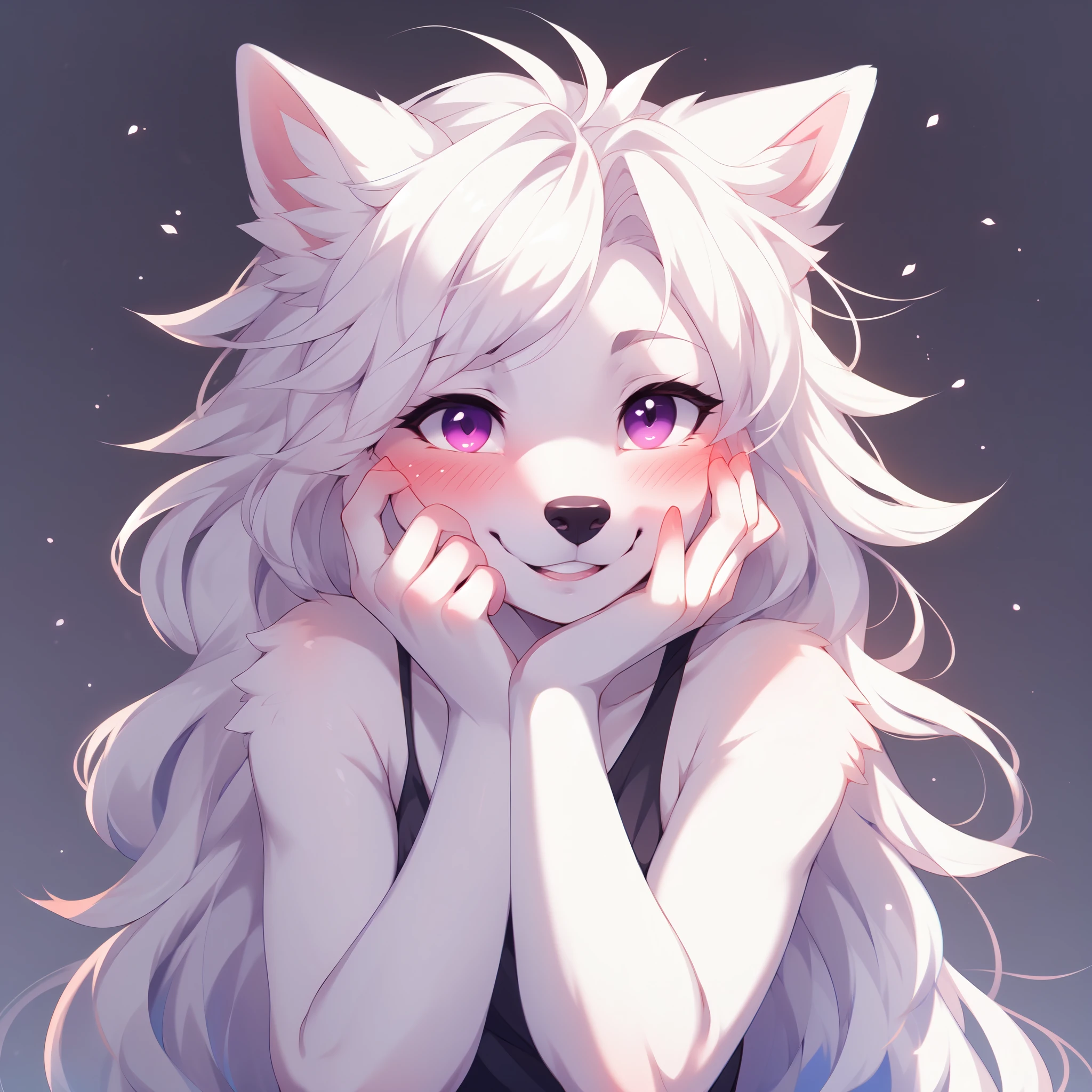 Solo, by fumiko, by hyattlen, by hioshiru,  an all white wolf girl, white ears, purple eyes, black nose, portrait, blushing, her hands on her face, giggling, laughing, head tilted, coy smile, shy, no background