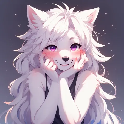 Solo, by fumiko, by hyattlen, by hioshiru,  an all white wolf girl, white ears, purple eyes, black nose, portrait, blushing, her...