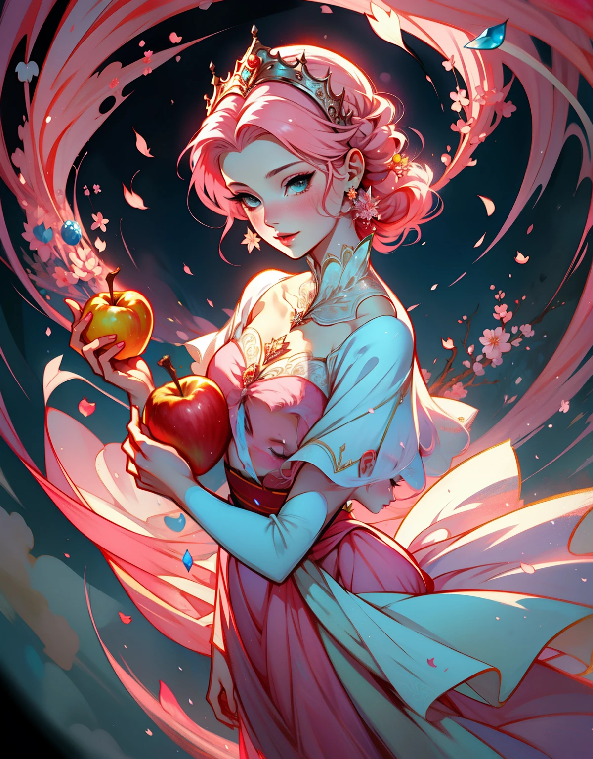 1 mulher, fantasiada de branca de neve, strong emotions, sakura,pink hair,  cabelo curto, luz, foco, como branca de neve, corpo inteiro, solo, magia ao seu redor. illustration! from head to toe, vestido azul e amarelo, Holding an apple