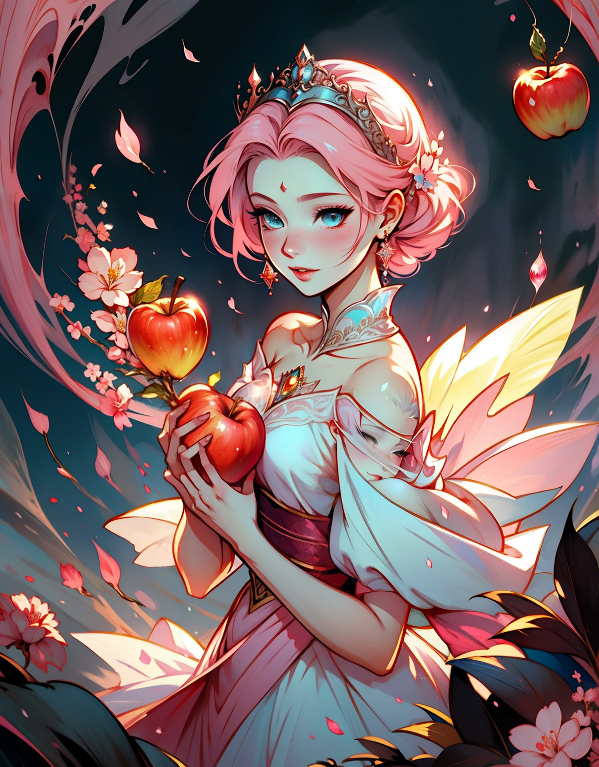 1womanl, dressed up as snow white, strong emotions, sakura,pink hair,  shorth hair, Lumiere, focusing, como branca de neve, fully body, 独奏, magic around you. illustration! from head to toe, blue and yellow dress, Holding an apple