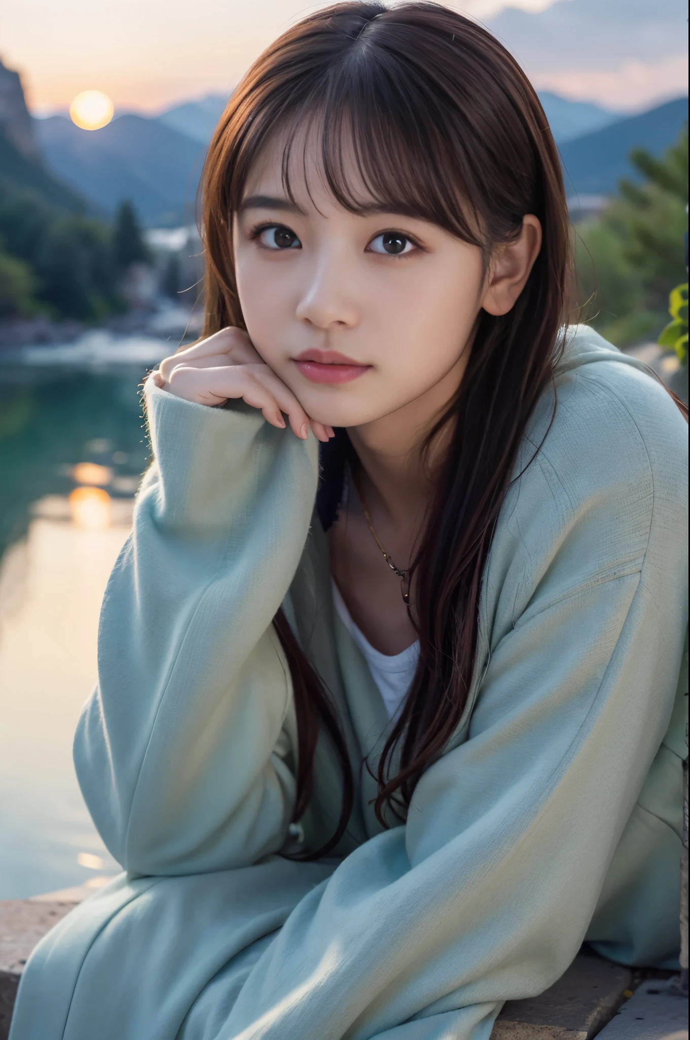  (8K, RAW photo, highest quality, masterpiece:1.3), (realistic, photo-realistic:1.4), (Highly detailed 8K wallpaper), sharp focus, Depth of written boundary,
 japanese idol,very cute, (coat:1.3),(shout her : 1.3), Upper body, highly detailed face and eyes,((shiny skin:1.2)), cinematic lighting, soft light, blur background,(Mountains bathed in the morning sun with a lake in the foreground)