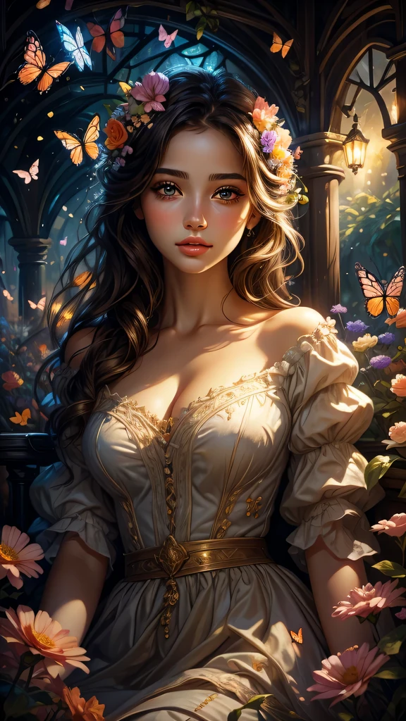 garota em um jardim,olhos detalhados,Lábios detalhados,extremely olhos detalhados and face,cílios longos,Pintura a óleo,Flores bonitas,borboletas,cores brilhantes,iluminação suave,atmosfera romântica