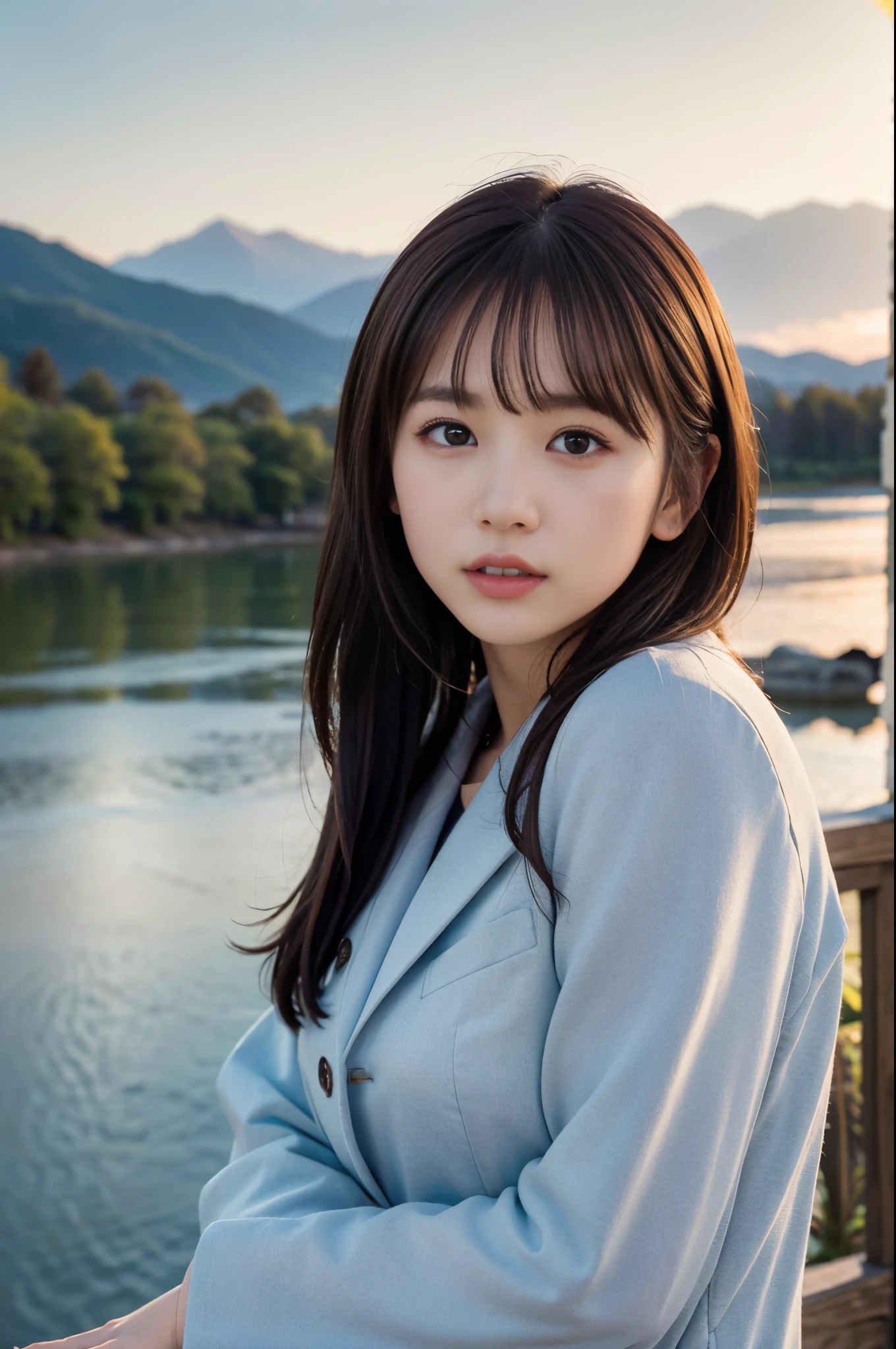  (8K, RAW photo, highest quality, masterpiece:1.3), (realistic, photo-realistic:1.4), (Highly detailed 8K wallpaper), sharp focus, Depth of written boundary,
 japanese idol,very cute, (coat:1.3),(straight here : 1.4), Upper body, highly detailed face and eyes,((shiny skin:1.2)), cinematic lighting, soft light, blur background,(Mountains bathed in the morning sun with a lake in the foreground)