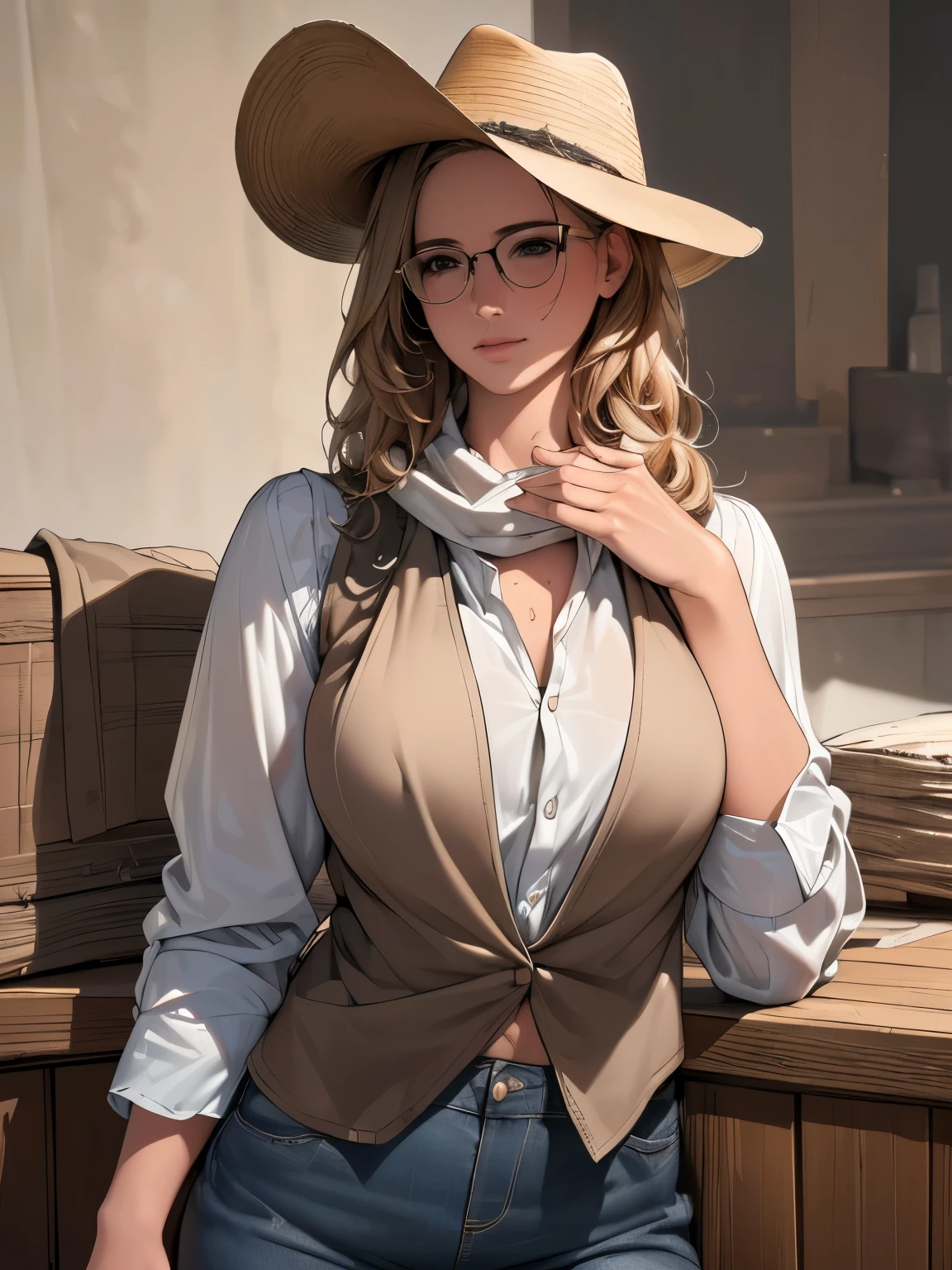 (best quality,4k,8k,highres,masterpiece:1.2),ultra-detailed,(realistic,photorealistic,photo-realistic:1.37),portraits,dirty,farm,women,beautiful,female portrait,cowboy hat,fringed vest,pants,scarf,honesty,medium length