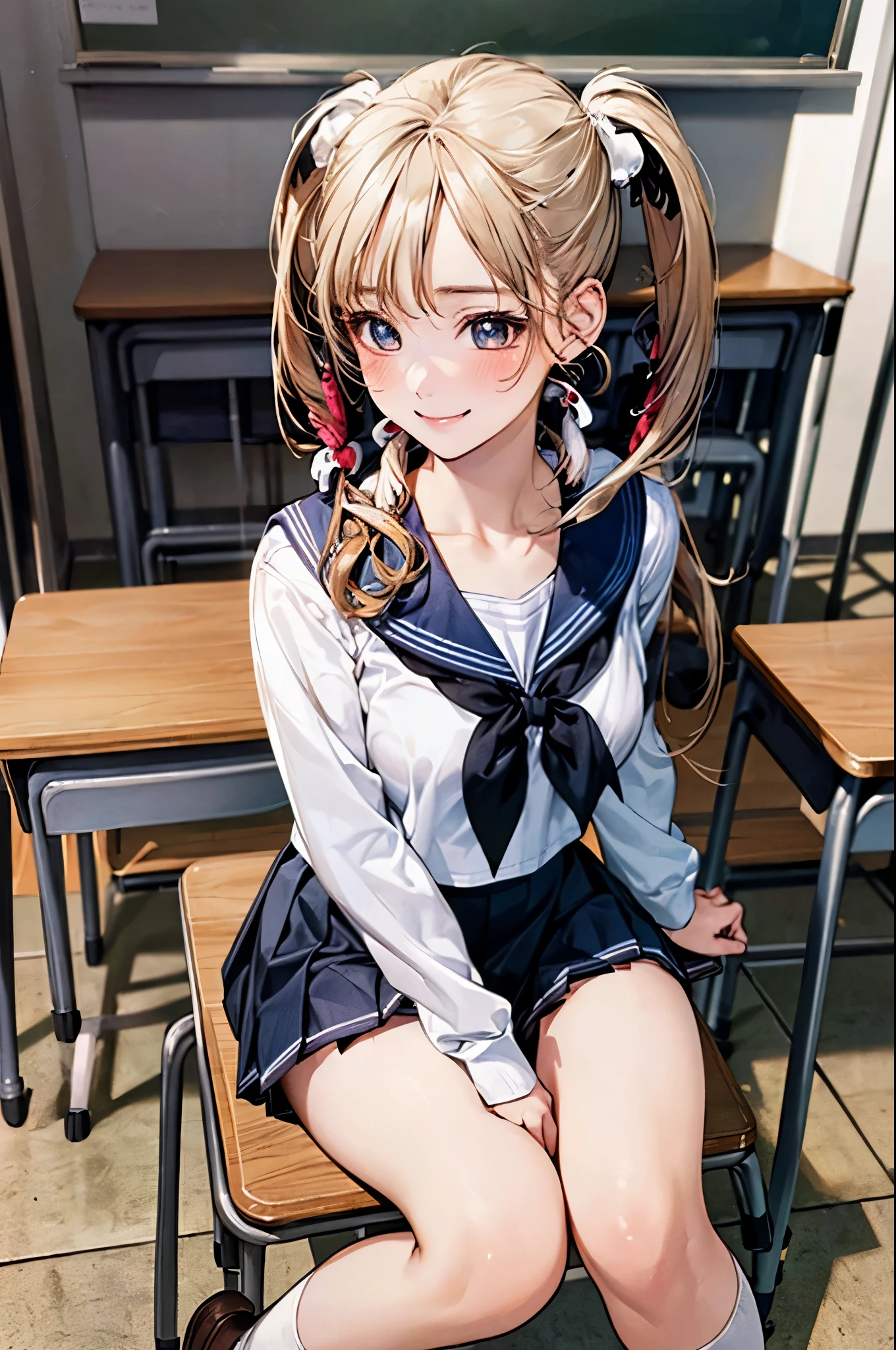 (masterpiece:1.2, top-quality), (realistic, photorealistic:1.4), beautiful illustration, 
looking at viewer, looking away, full body,
1 girl, japanese, high school girl, (long hair:1.4), blong hair, (twin tail:1.7), large breasts:0.8, white skin
beautiful hair, beautiful face, beautiful detailed eyes, beautiful clavicle, beautiful body, beautiful chest, beautiful thigh, beautiful legs, 
(beautiful scenery), , classroom, desks, chairs, 
((cute school uniform, long sleeves, pleated skirt, sailor collar, scarf)), white panties visible, shoes, 
sitting, sit in a desk, right leg leaning on another chair
(seductive smile, ashamed, tremble),