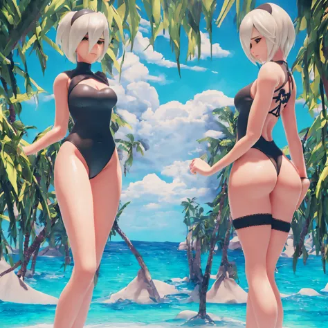 (arhoangel), blender, , nsfw, stylized 3d render, masterpiece, sunny, (1girl), (solo), athletic, slender frame, large breasts, medium thighs, wide hips, small waist, ass, 3d, perfect face, detailed anatomy, cute pose, (tropical beach), (black sexy swimsuit...