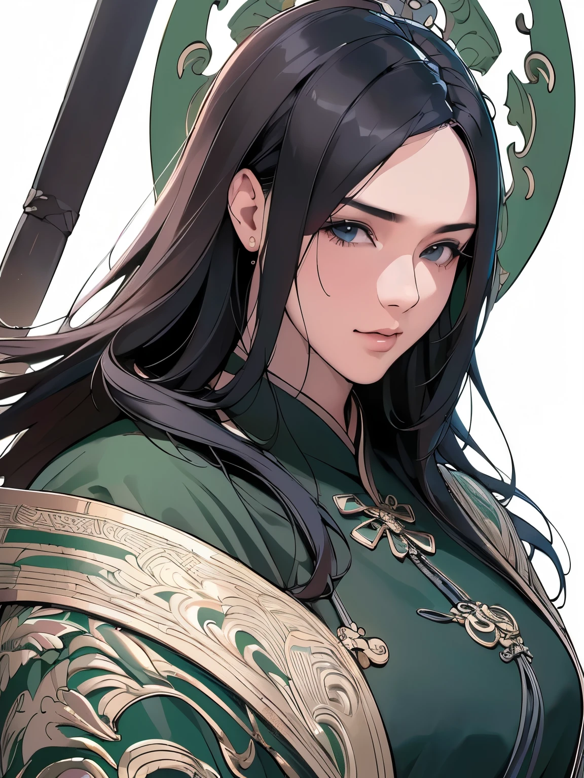 (best quality,4k,highres,masterpiece:1.2),ultra-detailed,(realistic:1.37),heroine,handsome,flying ink,Chinese armor,upper body,black hair,flowing hair,detailed eyes,black and green antique mask Chinese dress,field of view,(f1.8),(portrait shot),front shot,white background,(movie poster),weapon