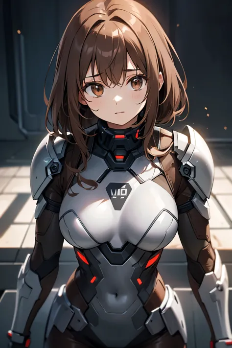 adult woman, very messy brown hair, grey armor suit, brown eyes, glowing suit