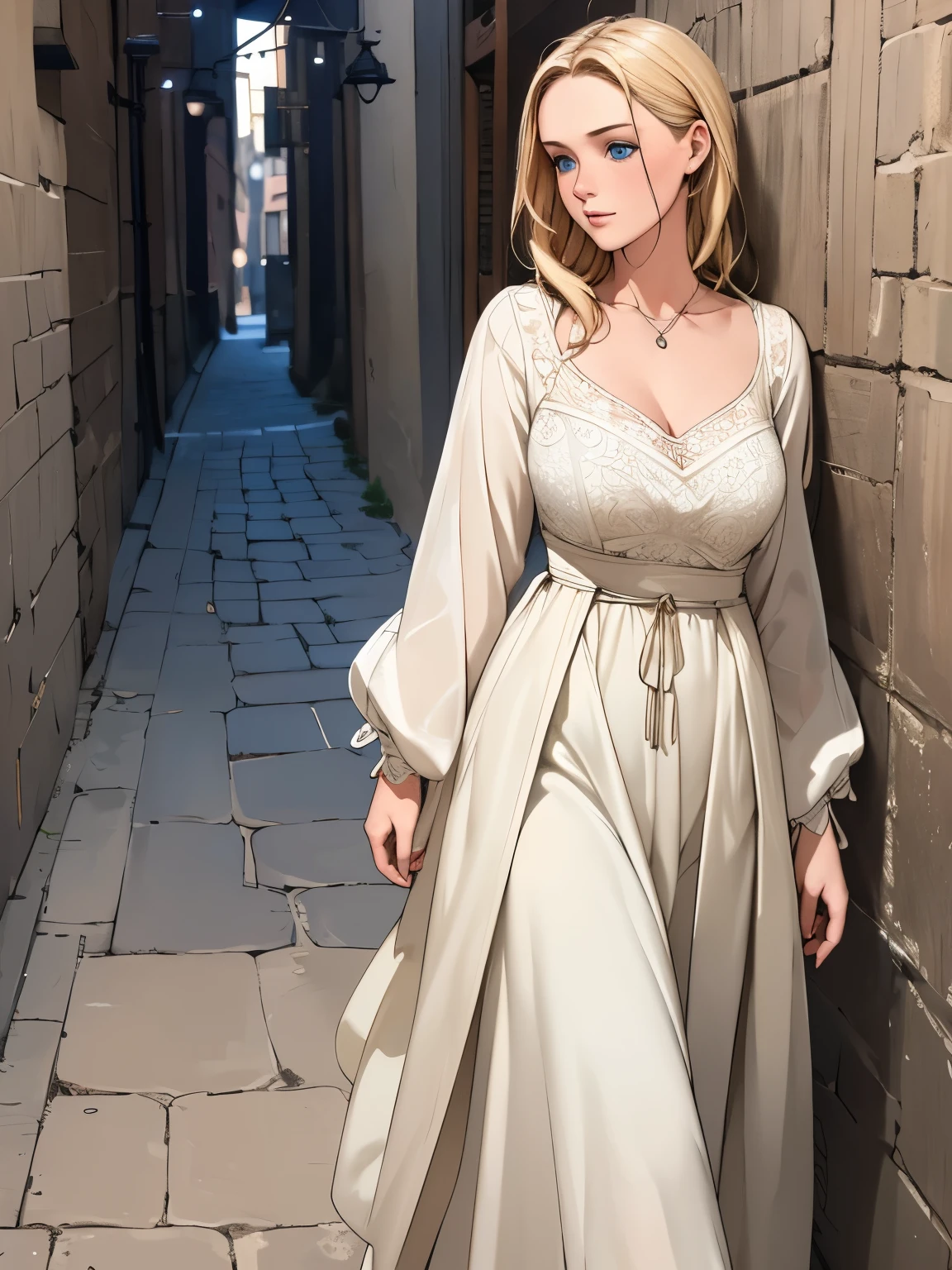 highest quality, masterpiece, realistic pictures, intricate details, RAW photo, Super detailed, old fashioned young woman, In peasant style dresses, No neckline, blonde hair, perfect details and blue eyes, walk through the old town, HD quality, 8K, young woman, 20-year-old