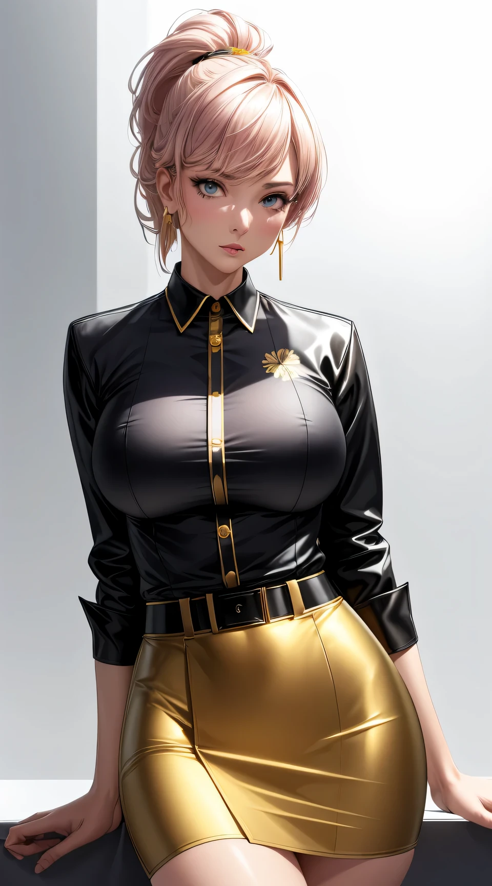 (best quality:1.5, highres, UHD, 4K, detailed lighting, shaders), gold floral haired, gradient hair, large breasts, suit, gray shirt, social shirt, short skirt, mature woman , (pov), white background, colorful eyeshadow, dramatic lighting, sparkling eyes, sensual expression, golden earrings, flowing hair, delicate facial features, dark skin, high cheekbones, urban setting, white background, dont look for the camera, lean forward,  behind  the camera