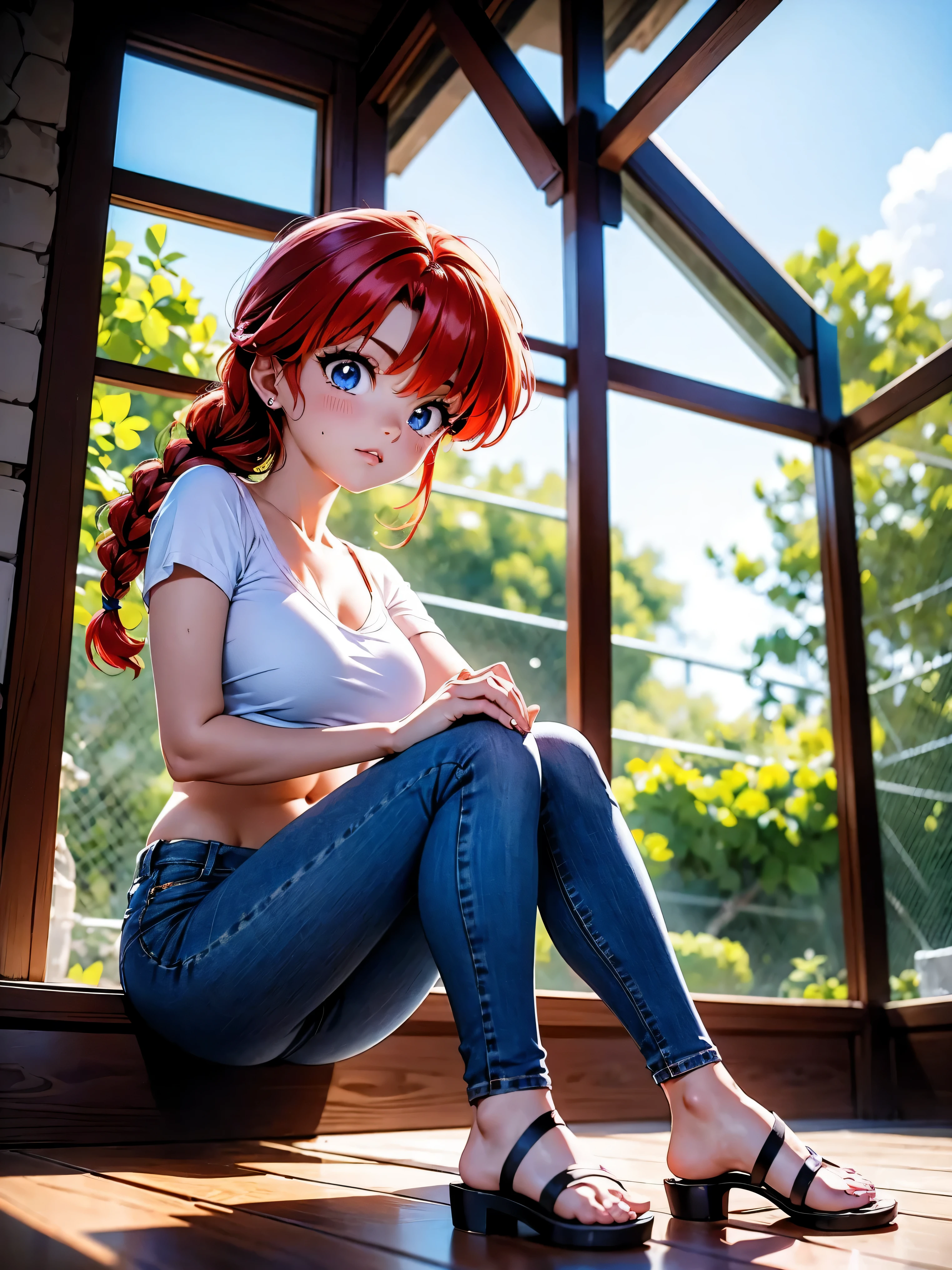 Anime girl rousse en short en jean bleu mouillé et chemisier violet mouillé, 16 ANS, accroupi, assis avec les jambes croisées, beau corps, gros seins, avec tes mains derrière la tête, passer tes mains dans tes cheveux, fille sexy, red cheveux avec tresse, éclairage magnifique, ombres douces, yeux bleus, belles jambes, cheveux avec tresse, style animé, Ranma chan, Autora Rumiko Takahashi, D&#39;après une œuvre de Rumiko Takahashi, Anime Ranma 1/ 2, déco sexy, hanche robuste, tout le corps, tout le corps, gros buste, jeune fille avec un beau et beau corps, sandales aux pieds, jeune fille, court, portant un short en jean bleu mouillé et un chemisier violet sexy et mouillé, fille animée, style animé, beaux pieds en sandales, assis par terre, Angle de vision 45°