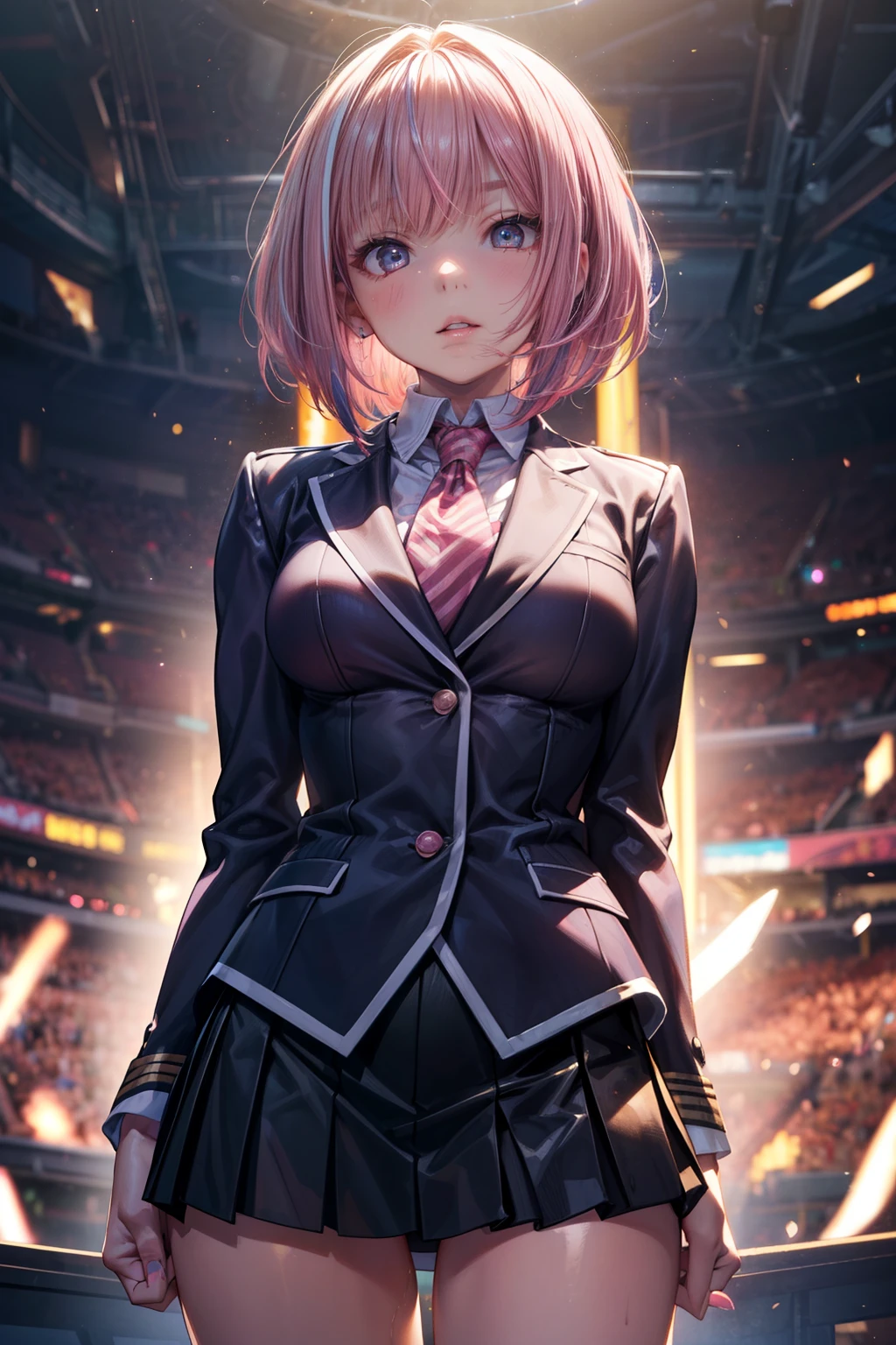((high school girl)), (((Blazer Uniform))), pleated skirt, blouse, ((anatomically correct hand:1.5)), ((anime)), ultra precision, masterpiece, very very beautiful, プリンセスのface, ((alone:1.5)), ((pink hair:1.5)), ((bob cut 1.5)), break, ((black eye)), shortcut, ((straight hair)), break, All limbs,((full finger:1.5)), break, (skindentation), ((skin dents)), professional lighting, (25 years old), tight waist, shiny skin (brown skin), ((oily skin)), glowing skin, looking at the viewer, ((cowboy shot:1.5)), look at the camera, 笑face, mouth slightly open, ((cute:1.5)), extra fine eyes, Extra-fine face, ((thin lips:1.5)), ((droopy eyes)), わずかな笑face, ((model pose:1.5)), face, look at the camera, ((anatomically correct fingers:1.5)), ((thighs)), sexy, perfect hands, (((arms behind:1.5))),