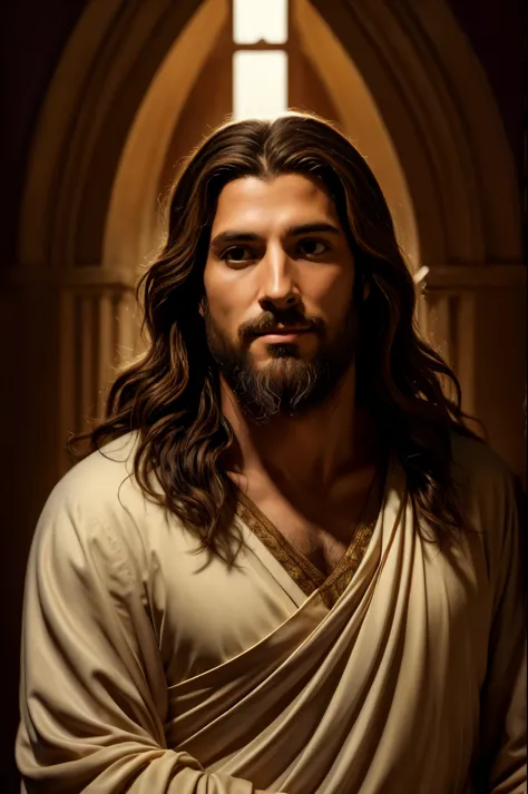 A serene and peaceful face of Jesus, with a gaze filled with love, compassion, and wisdom. Realistic, with his mantle covering h...