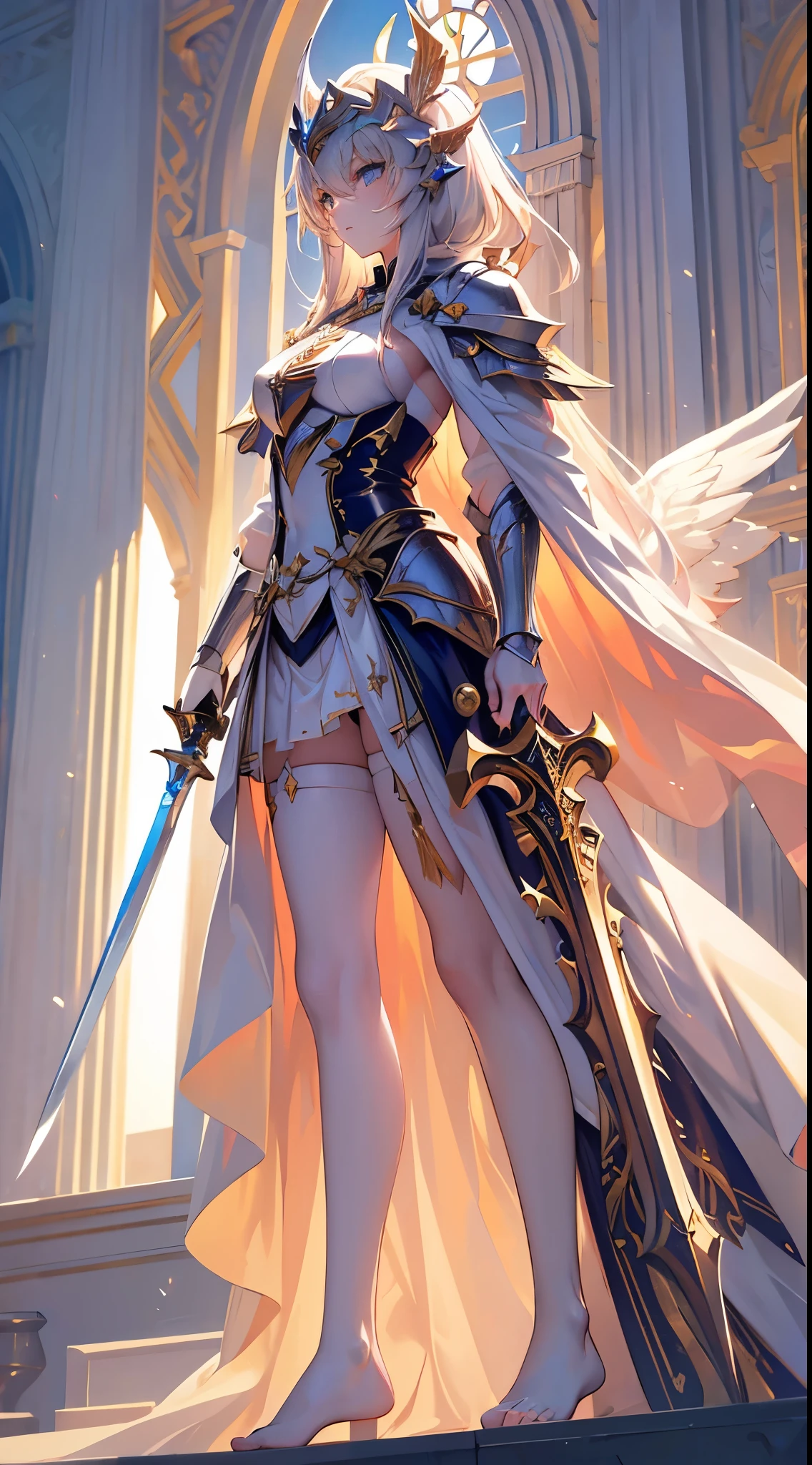 angelicales，Wings，Holy Sword，Cloak，Majestic and handsome girl, bare feet, valkrye helmet.