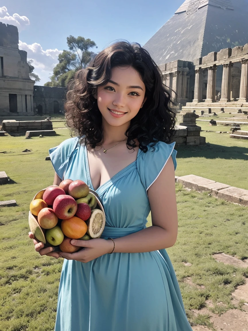 highest quality、masterpiece、ultra high resolution、(realistic:1.4)、Beautiful woman、Take a full body photo、beautiful eyes and skin details、smile、curly hair、ancient ruins、Shining pyramid、Shine beautifully、Clothes unlike any civilization、giant rocks、fruit