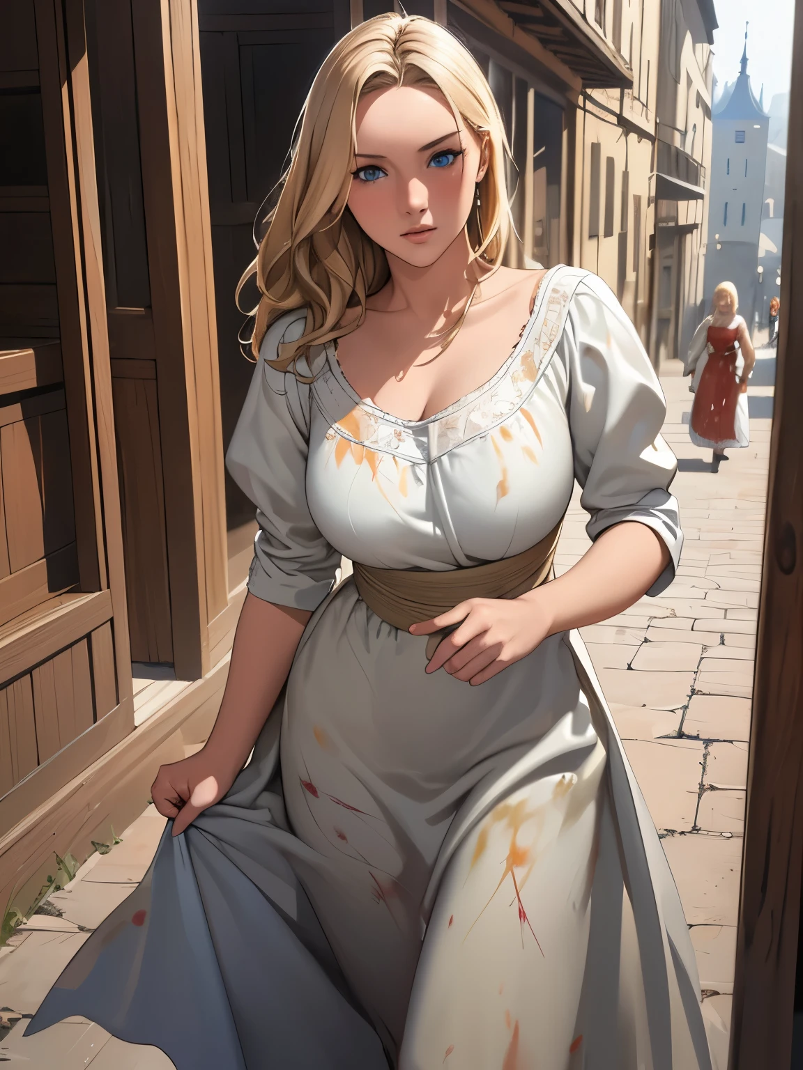 highest quality, masterpiece, realistic pictures, intricate details, RAW photo, Super detailed, old fashioned young woman, ((action painting)),  　In peasant style dresses, No neckline, blonde hair, perfect details and blue eyes, walk through the old town, HD quality, 8K, young woman, 20-year-old