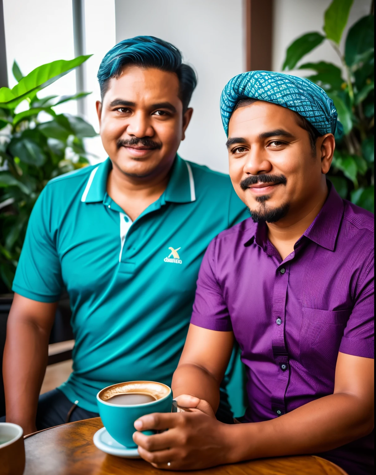 Two men sitting at a table with a cup of coffee - SeaArt AI