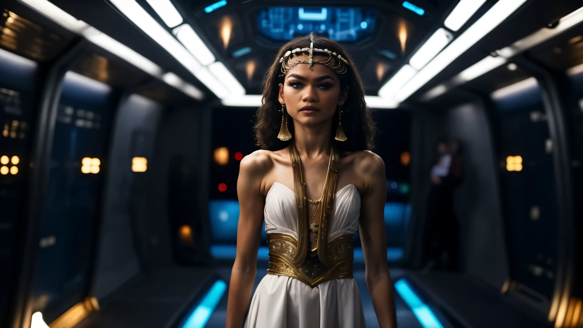 zendaya portrayed as Cleopatra,wearing a light white dress, inside a spaceship with blue lights inside, night time, phothotorealistic scene, dramatic, cinematic, 4k resolution, hyperdetailed, dramatic scene, back view, down angle