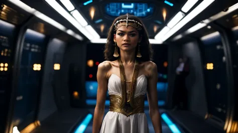 zendaya portrayed as cleopatra,wearing a light white dress, inside a spaceship with blue lights inside, night time, phothotoreal...