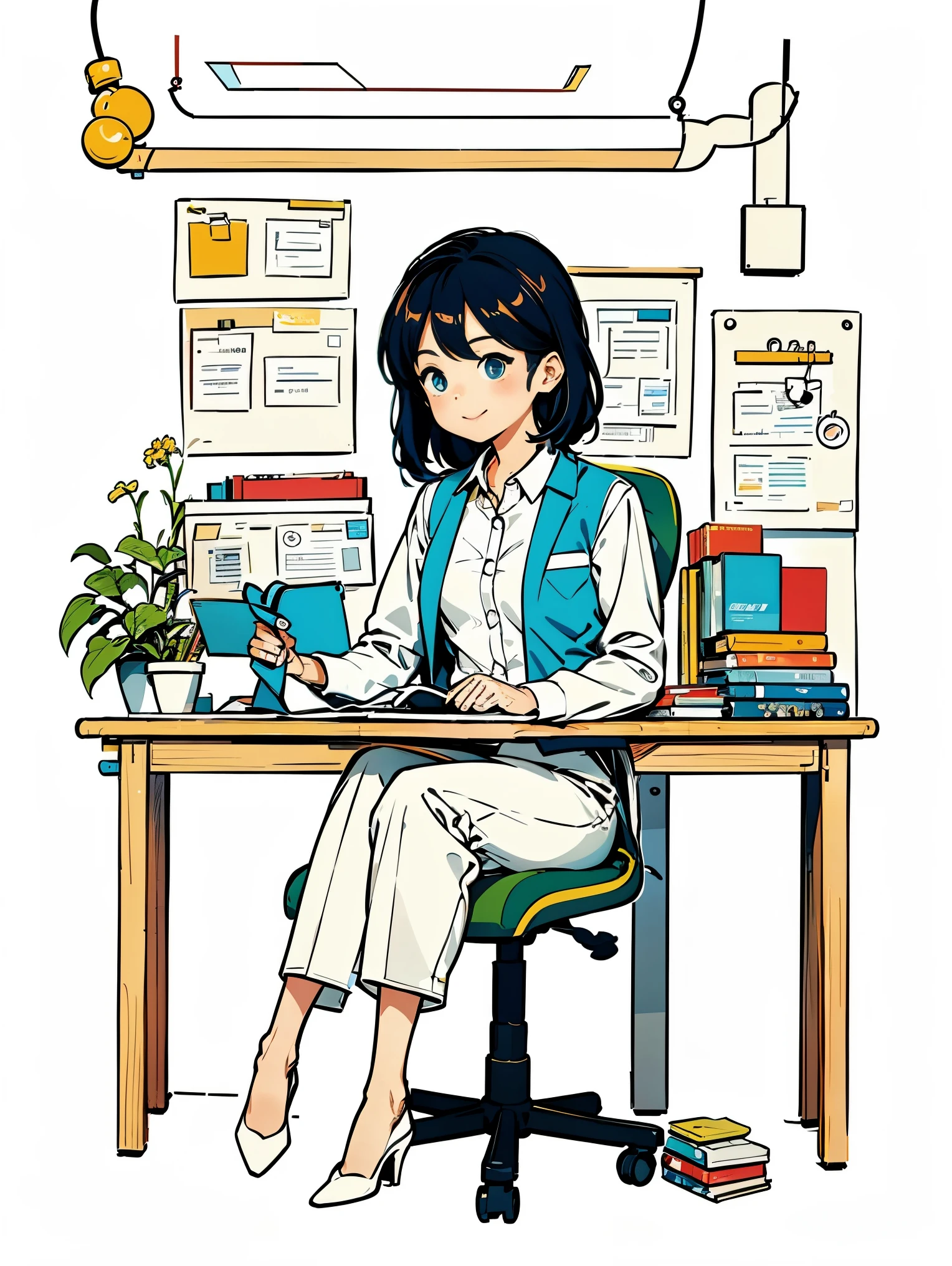 1 名身穿白衬衫和蓝色背心的女孩，裤子，坐，在办公室工作，长发，微笑，简单的背景，((解剖学上正确, 准确, 高细节, 最好的质量))