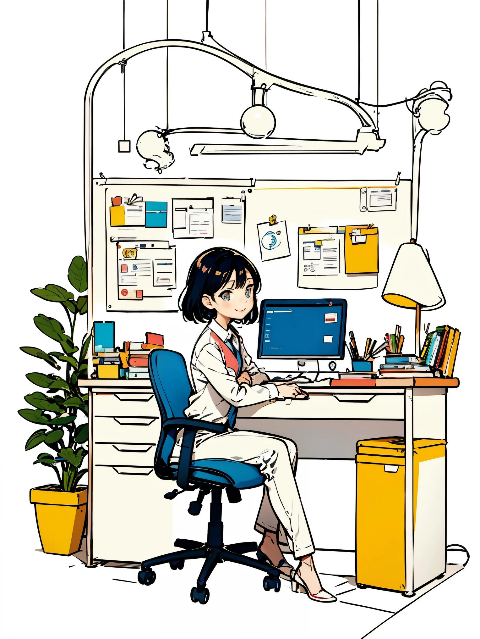 흰색 셔츠와 파란색 조끼를 입은 소녀 1명，바지，좌석，사무실에서 일하다，긴 머리，웃다，간단한 배경