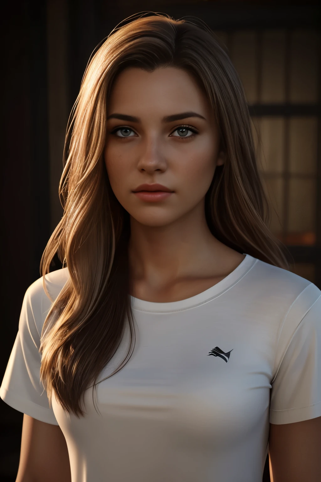 Hyperrealist portrait of female photo realistic, dynamic lighting, artstation, poster, volumetric lighting, very detailed faces, 4 k, award winning,, 1girl, in the dark, deep shadow, low key,cowboy shot,(official clothing:1.4) ,long hair,white hair, african american. white tshirt