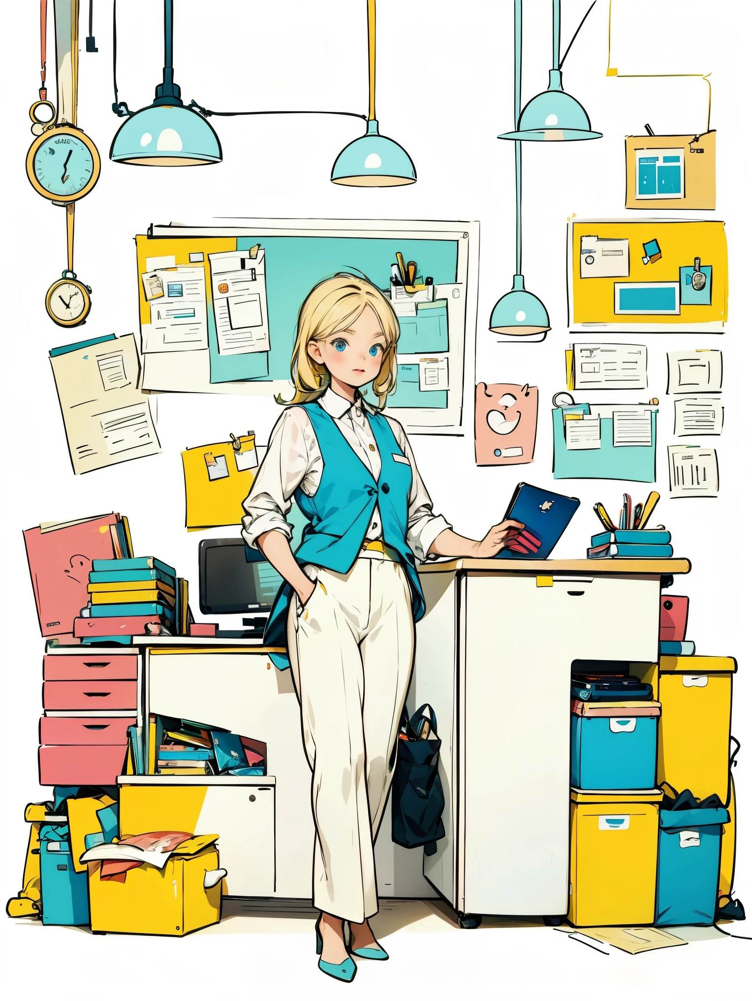 白いシャツと青いベストを着た女の子1人,ズボン,立っている,オフィスで働く,長い髪,笑顔,シンプルな背景