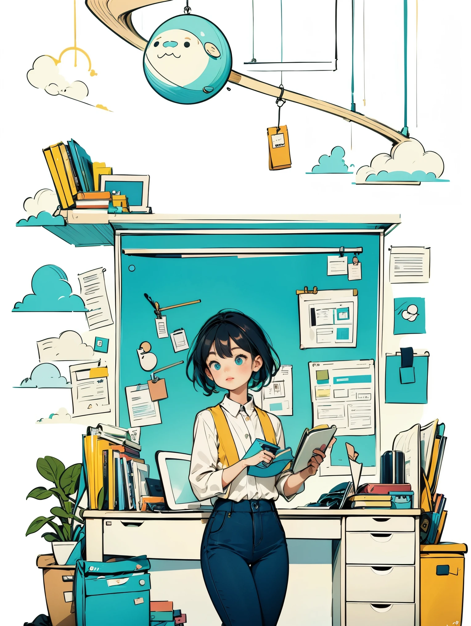 1 fille en chemise blanche et gilet bleu,pantalon,debout,travailler au bureau,Cheveux longs,sourire,fond simple