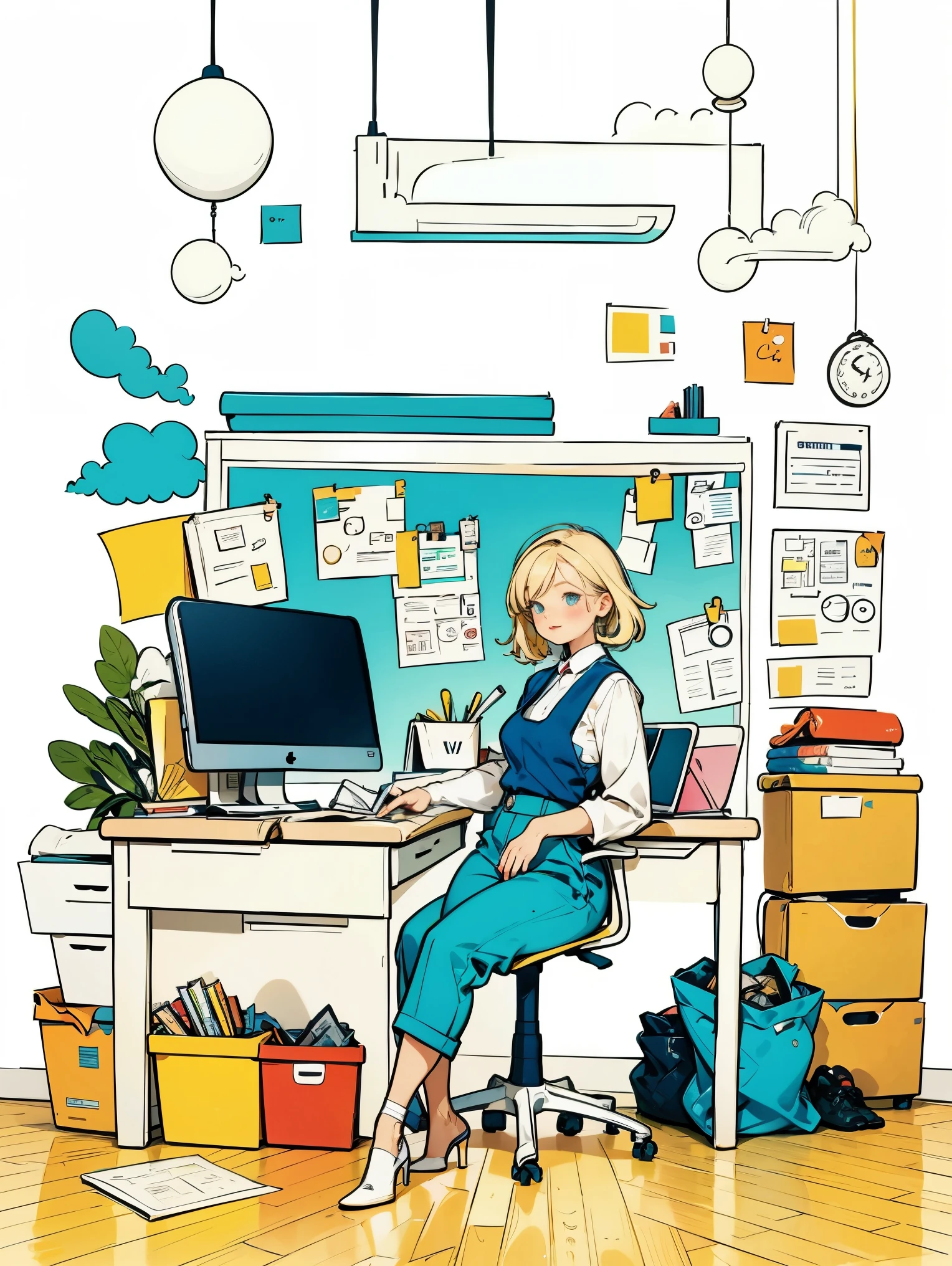 1 garota de camisa branca e colete azul,calça,de pé,trabalhando no escritório,cabelo longo,Sorriso,fundo simples