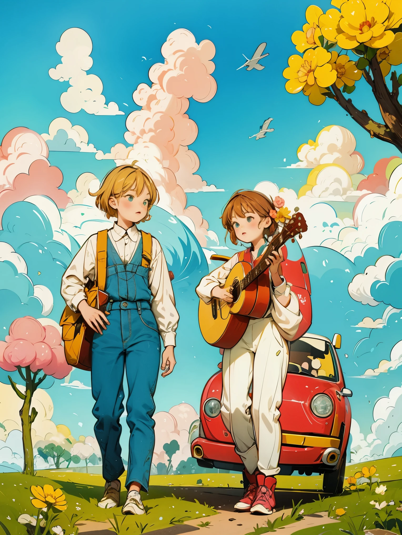 1girl,flower, tree, ground vehicle, rabbit, outdoors, pink flower, brown hair, cloud, grass, long sleeves, sky, vest, yellow flower, motor vehicle, day, red flower,  blue sky, holding, boots, house, pants, smile, standing, car, Soft warm colors, smooth lines, simple style, unlimited color palette, flat anime style