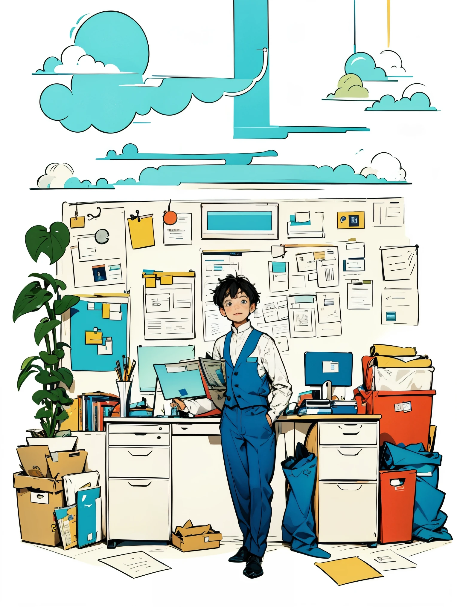 мальчик в белой рубашке и синем жилете,брюки,стоя,работа в офисе,длинные волосы,улыбка,простой фон,