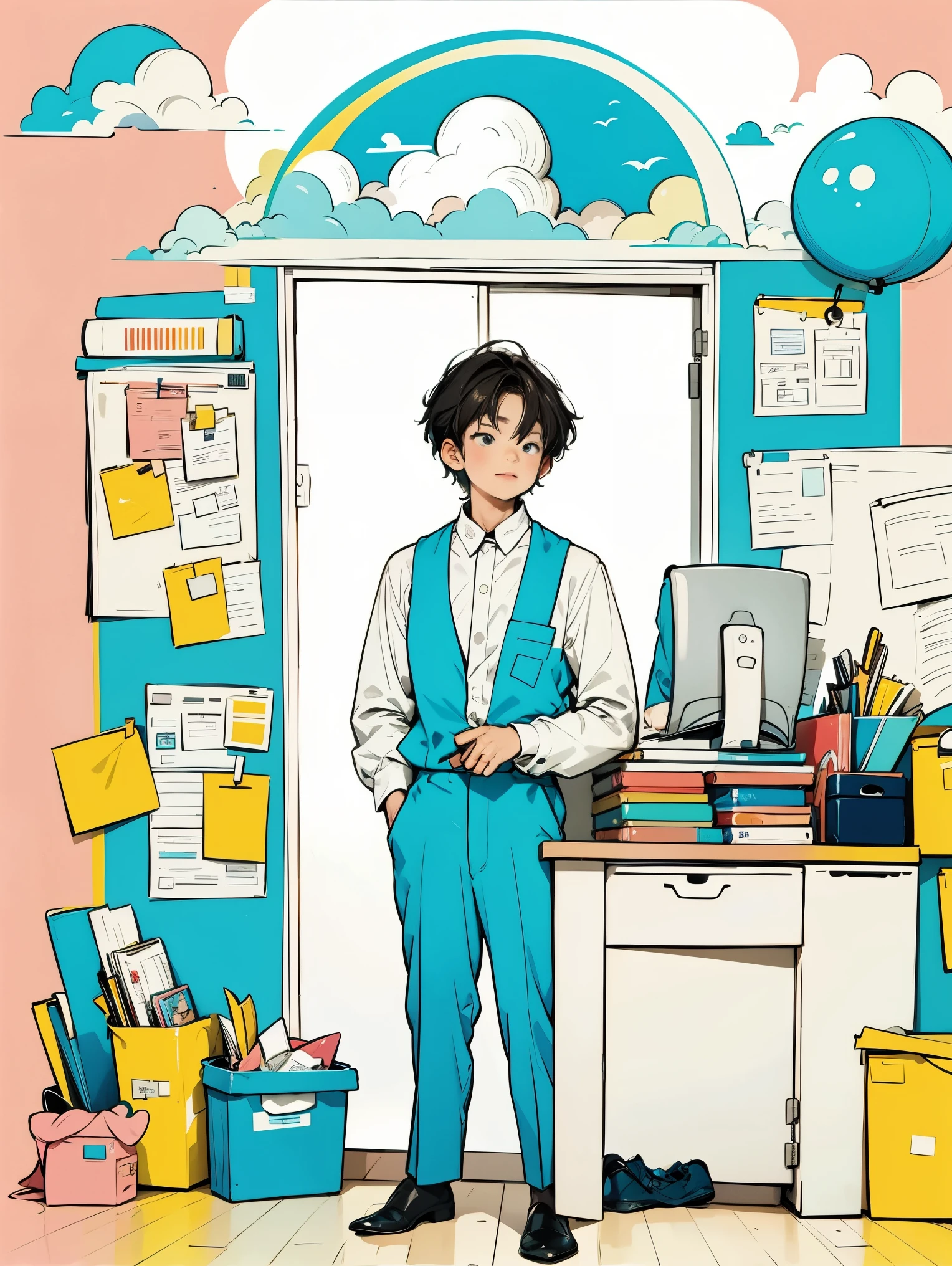 um menino de camisa branca e colete azul,calça,de pé,trabalhando no escritório,cabelo longo,Sorriso,fundo simples,