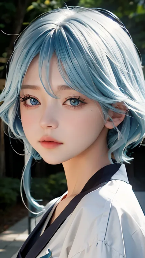 a close up of a person with blue hair and a white shirt, real life anime girls, Cute and natural anime face, Urzan, blue skin, beautiful blue-haired girl, Pretty girl with blue hair, blue eyes，Realistic young anime girl, Anime Girls Cosplay, beautiful anim...