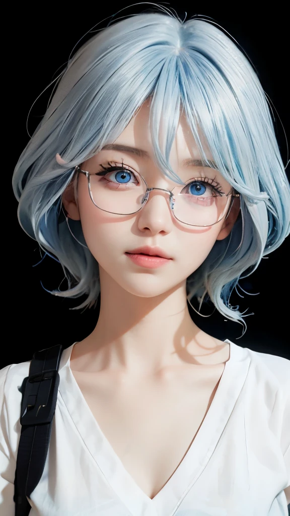 a close up of a person with blue hair and a white shirt, real life anime girls, Cute and natural anime face, Urzan, blue skin, beautiful blue-haired girl, Pretty girl with blue hair, blue eyes，Wear pink glasses（focus），bright smile，Realistic young anime girl, Anime Girls Cosplay, beautiful anime face, anime style, anime inspiration, cute anime face, beautiful anime face, beautiful anime style